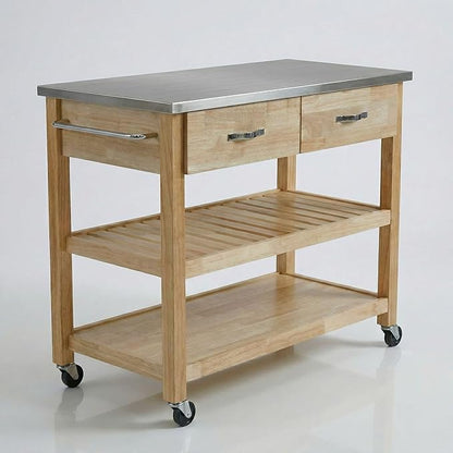 Casaphoria Amanda Collection Solid Wood Kitchen Island, 42" Butcher Block Cart with Stainless Steel Top & Locable Wheels, Prep Table for Small Spaces (Natural)