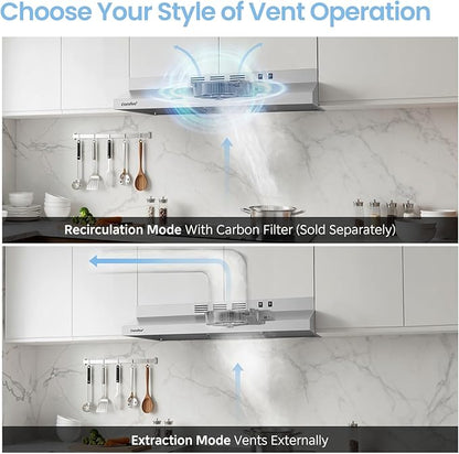 COMFEE' CVU30W2AST Range Hood 30 Inch Ducted Ductless Vent Hood Durable Stainless Steel Kitchen Hood for Under Cabinet with 2 Reusable Filter, 200 CFM, 2 Speed Exhaust Fan Silver