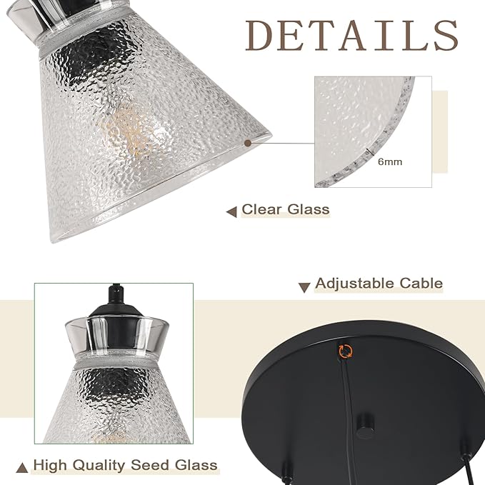 Black Kitchen Island Lighting, 3-Light Farmhouse Pendant Light with Clear Seeded Glass Shades, Adjustable Dining Room Light Fixture, E26 Dimmable Hanging Chandelier for Entryway Hallway