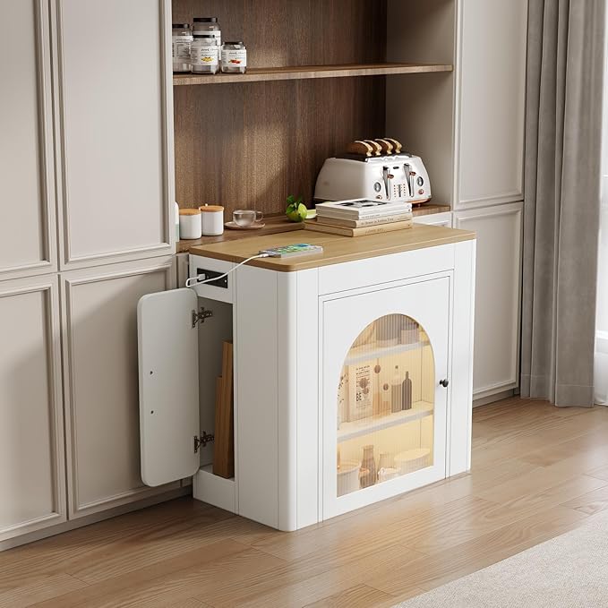 Extendable Dining Table with 3 Removable Middle Leaves, Mobile Rolling Island Table with Power Outlet, Saving-Space Cabinet with Storage for Dining Room and Living Room (Cream White)