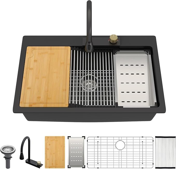 33 Waterfall Kitchen Sink - Beslend 33x22 inch Matte Black Granite Composite Waterfall Workstation Sink Drop In Waterfall Sink with Faucet, Topmount Dish Basin Above Counter Single Bowl