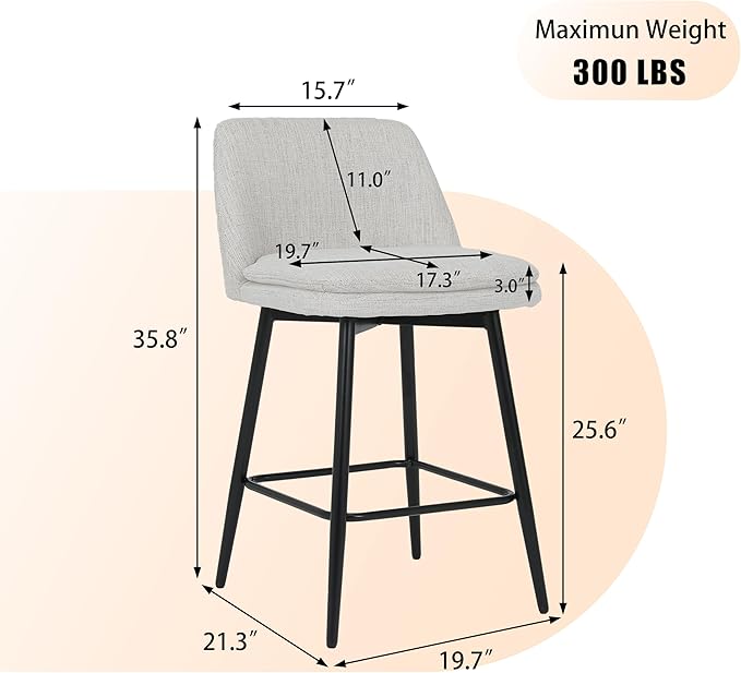 Counter Height Swivel Bar Stools Set of 2, 360° Swivel Upholstered Barstools with Back and Metal Legs, 25.6" Seat Height,Counter Stools for Kitchen Island and Pub,Linen Cloth,Off White Linen.