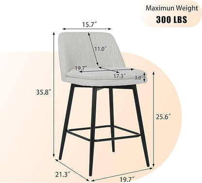 Counter Height Swivel Bar Stools Set of 2, 360° Swivel Upholstered Barstools with Back and Metal Legs, 25.6" Seat Height,Counter Stools for Kitchen Island and Pub,Linen Cloth,Off White Linen.