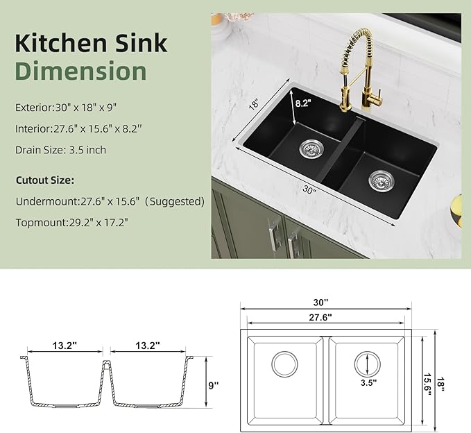 Davivy 30 Inch Black Double Bowl Granite Kitchen Sink 50/50, 30 x 18 Black Undermount Kitchen Sink, Deep Quartz Composite Double Basin with Accessories