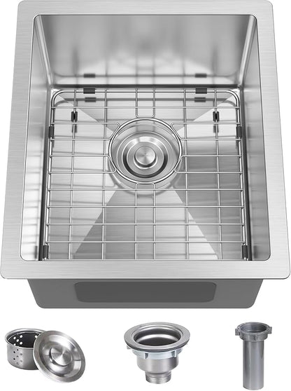 15x17 Inch Undermount Bar Sink, 18 Gauge 304 Stainless Steel Small Kitchen Sink for RV, Laundry, Office with Basket Strainer & Anti-Clog Grid