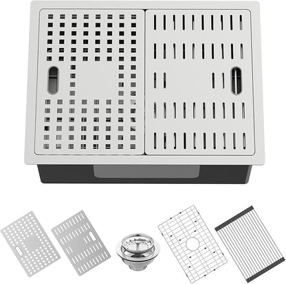 24x18 Inch Kitchen Sink With Dual Cover-Stainless Steel Undermount Single Bowl Kitchen Sink Built-in Ledge Drop In Workstation Sink Fully Covering Sink To Create Temporary Workspace/Drainage Area