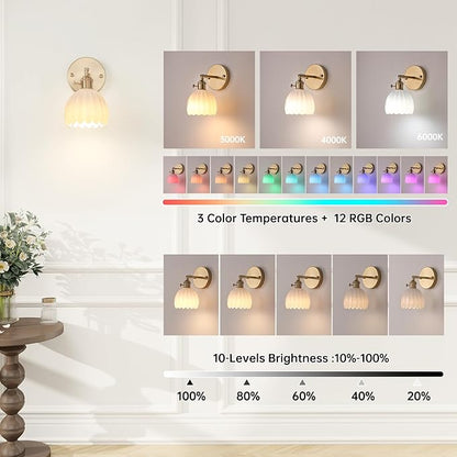 Shenmoyl Vintage Battery Operated Wall Sconce with White Tulip Glass Lampshade Rechargeable Battery Powered Wall Light with Remote Control for Bedside Bedroom Doorway