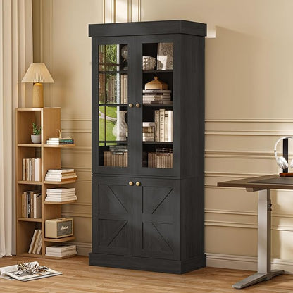 ivaniti 71" Tall Farmhouse Kitchen Pantry, Rustic Large Storage Cabinet with Glass Doors, Adjustable Shelves, Wood Versatile Hutch Cabinet for Dining Room, Living Room, Black 4 Pcs