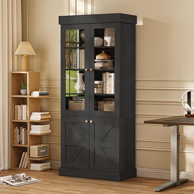 ivaniti 71" Tall Farmhouse Kitchen Pantry, Rustic Large Storage Cabinet with Glass Doors, Adjustable Shelves, Wood Versatile Hutch Cabinet for Dining Room, Living Room, Black 2 Pcs