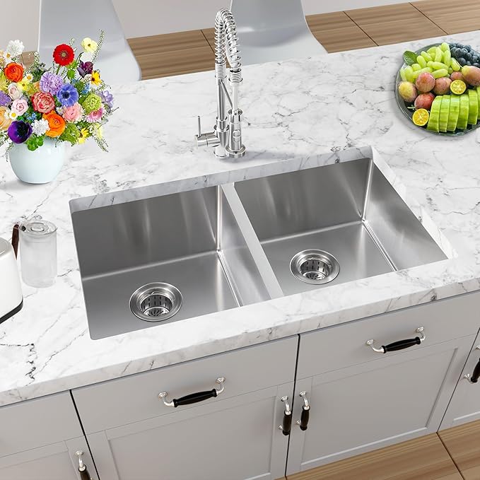 Rhbamoa Double Bowl Kitchen Sink Undermount 31 inch,16-Gauge T304 Undermount Kitchen Sink Stainless Steel,50/50 Stainless Steel Double Sinks with Accessories,Deep Sinks with Brushed Finish