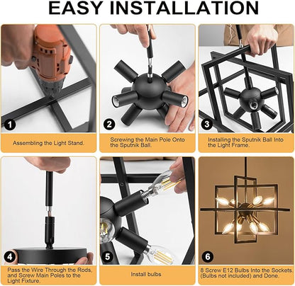 Small Modern Lantern Chandeliers, Geometric Black Pendant Lighting, 8-Light Industrial Hanging Chandelier Light Fixture for Dining Room, Kitchen, Bedroom, Foyer, Entryway, Farmhouse UL Listed