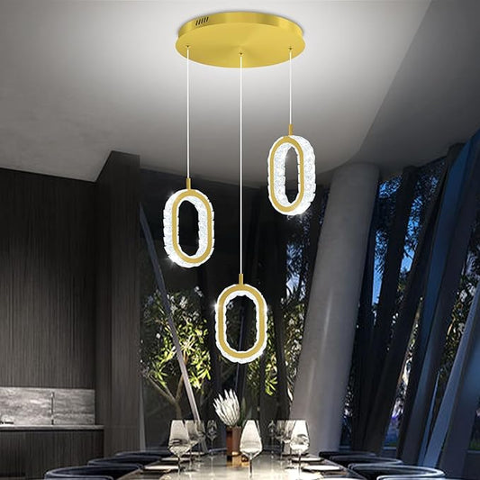 Dimmable Oval Ring Pendant Light Modern LED Crystal Ring Chandelier for Dining Room Bedroom Living Room Pendant Lights for Kitchen Island Adjustable 3-Light Gold