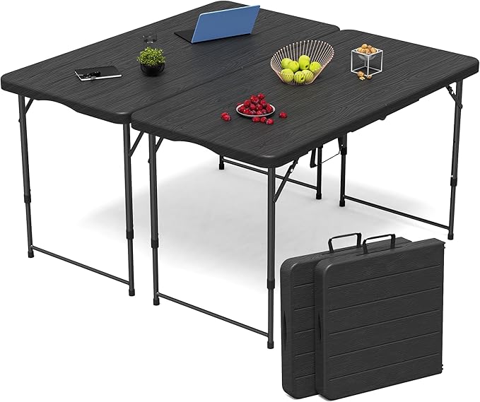 Set of 2Folding Table 4 Foot for Indoor Outdoor, Portable Heavy Duty Fold-in-Half Utility Small Plastic Adjustable Height Folding with Carrying Handle for Picnic and Party, 2 Pack Matte Black