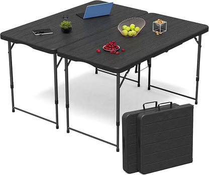 Set of 2Folding Table 4 Foot for Indoor Outdoor, Portable Heavy Duty Fold-in-Half Utility Small Plastic Adjustable Height Folding with Carrying Handle for Picnic and Party, 2 Pack Matte Black