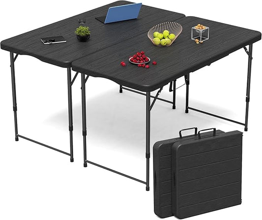Set of 2Folding Table 4 Foot for Indoor Outdoor, Portable Heavy Duty Fold-in-Half Utility Small Plastic Adjustable Height Folding with Carrying Handle for Picnic and Party, 2 Pack Matte Black