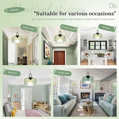 Light Green Hanging Lamp Plug-in Pendant Lights Vintage Pendant Lamps with 14.7 ft Cord Modern Glass Hanging Light Plug in Chandelier Lighting Large Striped Shade Mid Century Swag Lamp