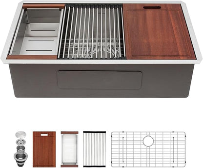 Sarlai 32 Inch Undermount Sink Stainless Steel Undermount Kitchen Sinks Workstation Single Bowl 16 Gauge Under Counter Kitchen Sink Basin 32x19x10 Inch