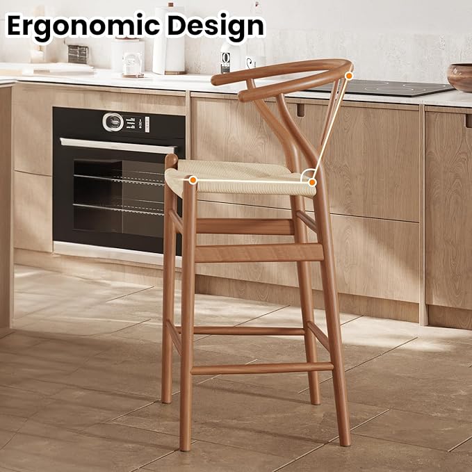 Modern Dining Chairs with Natural Weave Seat - Sturdy Construction Bar Stools for Kitchen Island, Versatile Use in Dining Room and Bedroom, Stylish Simple Design Comfortable Fully Assembled,Walnut-Rat