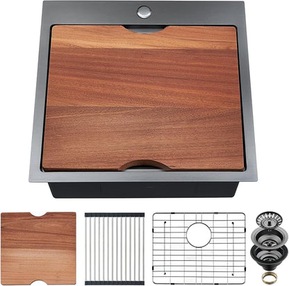 Kitchen Sink, 21 x 20 x 10 Drop in Kitchen Sink 16 Gauge Gunmetal Black Stainless Steel Workstation Sink Topmount Single Bowl with Cutting Board