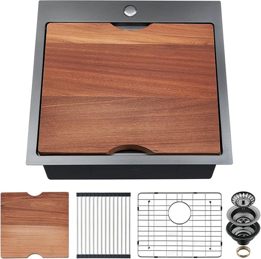 Kitchen Sink, 21 x 20 x 10 Drop in Kitchen Sink 16 Gauge Gunmetal Black Stainless Steel Workstation Sink Topmount Single Bowl with Cutting Board