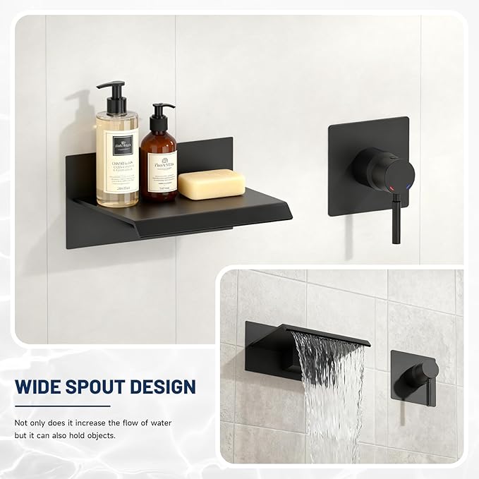BWE Wall Mount Bathtub Faucet Matte Black Single Handle Bathtub Faucet with Rough in Valve High Flow Waterfall Tub Spout