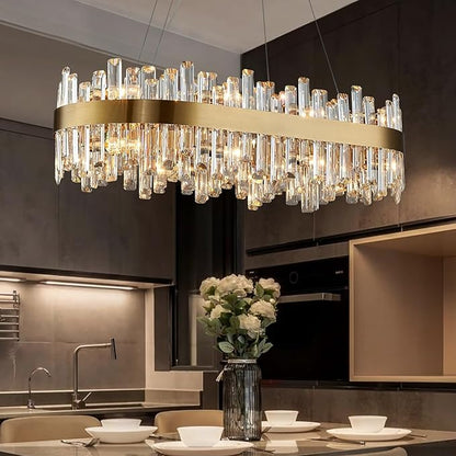 Siljoy Modern Crystal Chandelier 16-Light Luxury Gold Rectangle K9 Crystal Raindrop Chandelier Dimmable Oval Crystal Ceiling Light for Dining Room Living Room Foyer Entryway L35.4''