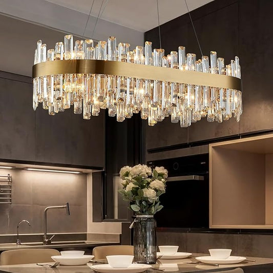 Siljoy Modern Crystal Chandelier 16-Light Luxury Gold Rectangle K9 Crystal Raindrop Chandelier Dimmable Oval Crystal Ceiling Light for Dining Room Living Room Foyer Entryway L35.4''