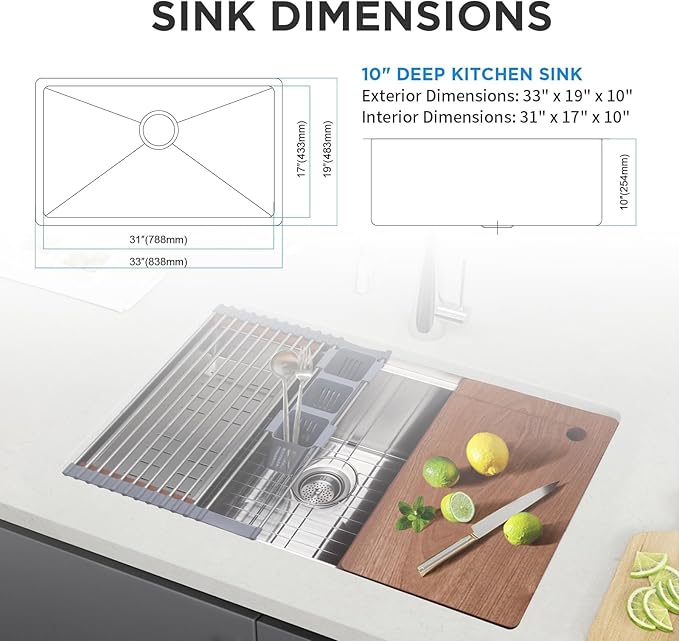 SANYCASA 33 Inch Undermount Kitchen Sink with Quiet Drain - 11 Gauge Stainless Steel Sink Single Bowl - Multifunctional Handmade Modern Integrated Ledge Workstation