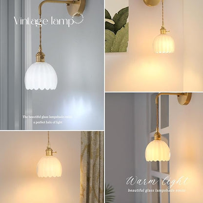 Shenmoyl Vintage Wall Sconce with White Tulip Shade Pattern Glass Adjustable Chain Retro Gold Wall Mounted Light, Modern Wall Lamp Fixtures Decor for Bedside Bedroom Indoor Doorway