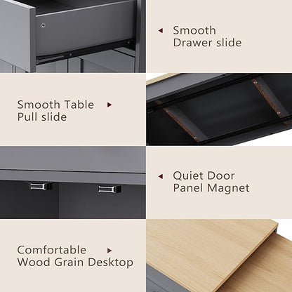 74.5 Inch Kitchen Island with Extendable Dining Table, Rolling on Wheels, Spice Rack, 2 Drawers, 4 Door Cabinet(Gray)