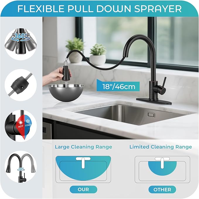 Kitchen Faucet with Pull Down Sprayer - ORB Single Handle Kitchen Faucets, High Arc Stainless Steel Pull Out Kitchen Sink Faucet with Deck for RV Laundry Farmhouse Bar