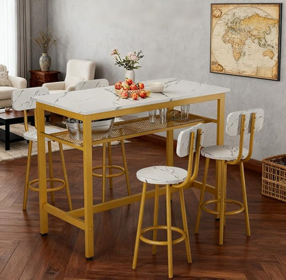 5 Piece Bar Table Set with 4 Stool Modern Bar Height with Storage Shelves Faux Marble Table Top with Gold Metal Frame Bar Table Set for Kitchen Dining Room Small Space