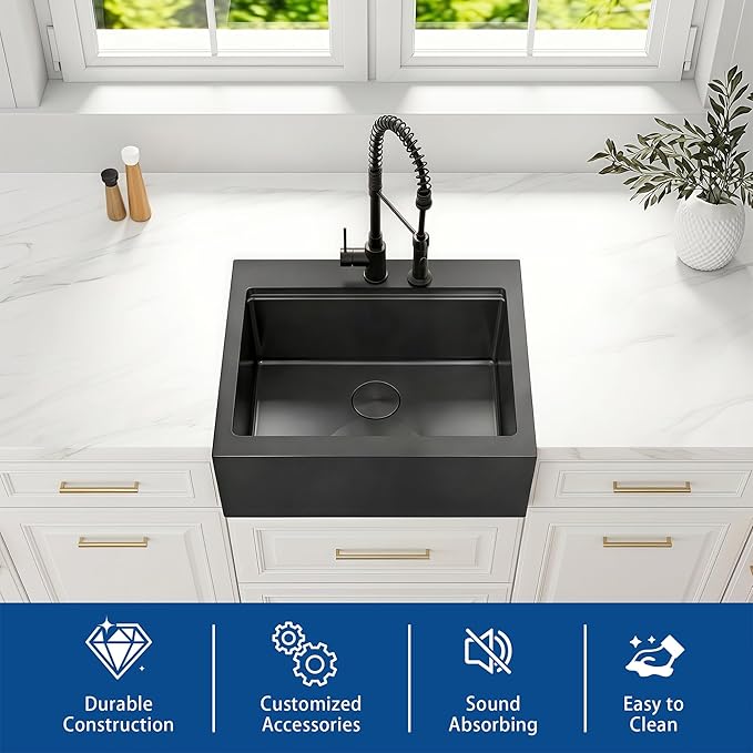 26 Inch Farmhouse Black Sink, 16 Gauge 304 Stainless Steel Farm Sinks, Drop In Topmount Single Bowl Workstation Sink with all Accessories, 26" x 22" x 10" Deep Kitchen Sink