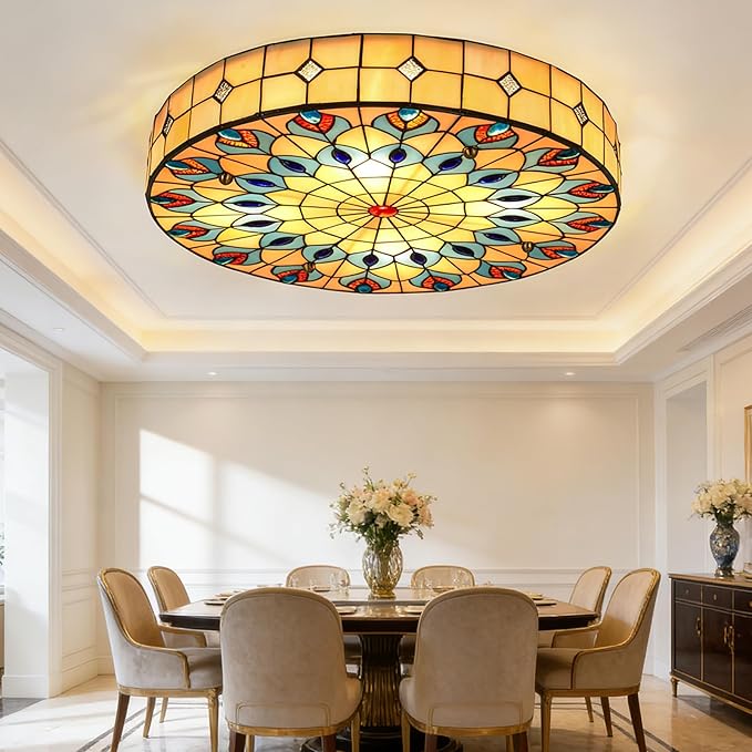 20" Vintage Stained Glass Ceiling Light, 4-Light Stained Glass Flush Mount Light Fixture, Chandelier Ceiling Pandent Lamp for Farmhouse Kitchen Island (Retro)