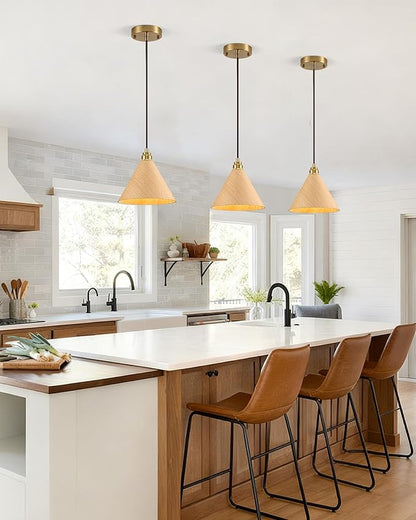 1 Pack Wood Pendant Lights Kitchen Island, 8.3” Small Pendant Light, Adjustable Gold Height Kitchen Hanging Light, Nordic Island Lights for Dining Room, Bedroom, Hallway, Bar(Natural Wood)