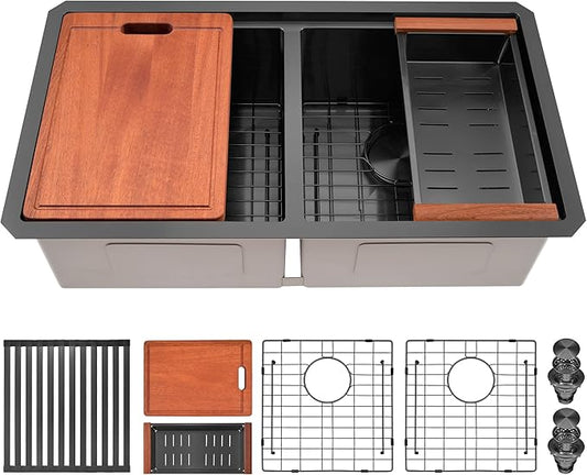 31 Inch Black Sink Undermount Double Bowl, 16 Gauge 50/50 Double Bowl Stainless Steel Workstation Sink, 31"x18"x9" Large and Deep Kitchen Sink With Accessories