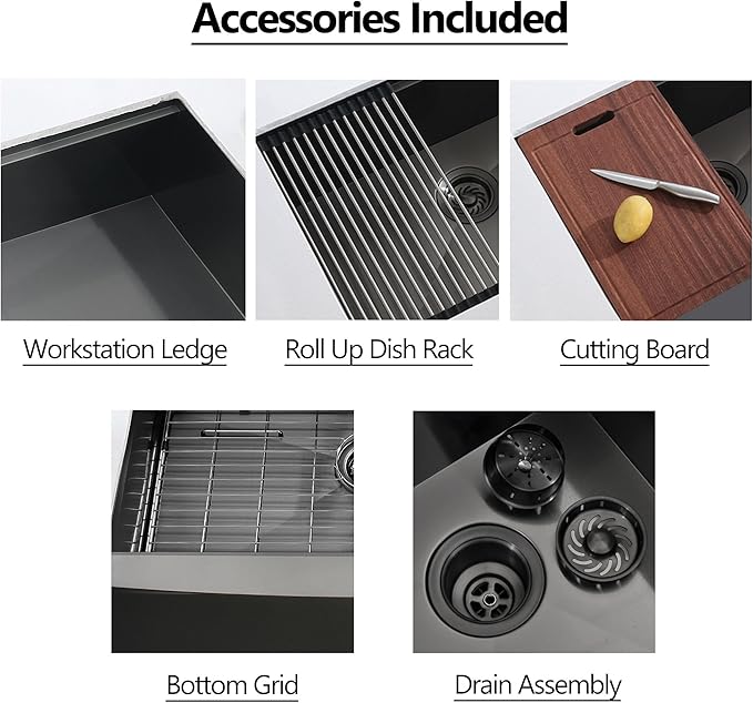 33 Black Farmhouse Sink Unsermount, Dorzom 33x22x10 Inches Farmhouse Kitchen Sink Black Stainless Steel Apron Front Sink with Workstation Ledge Under Mount 16 Gauge Single Bowl Kitchen Sink