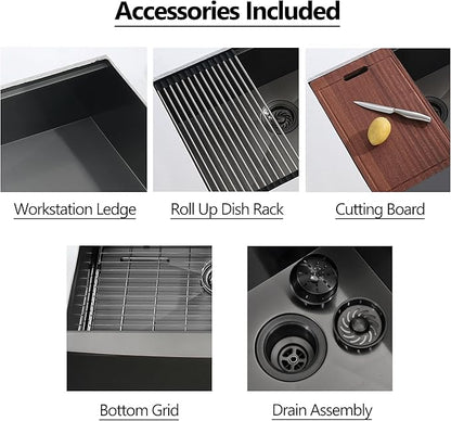 33 Black Farmhouse Sink Unsermount, Dorzom 33x22x10 Inches Farmhouse Kitchen Sink Black Stainless Steel Apron Front Sink with Workstation Ledge Under Mount 16 Gauge Single Bowl Kitchen Sink