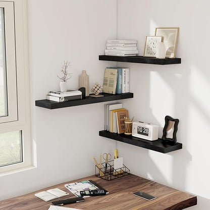 Fun Memories Floating Shelves - 2 Pack 30 Inch Long Rustic Wooden Wall Shelves - 8 Inch Deep Wall Mounted Storage Shelf with Invisible Heavy-Duty Brackets for Books, Bathroom, Kitchen - Black