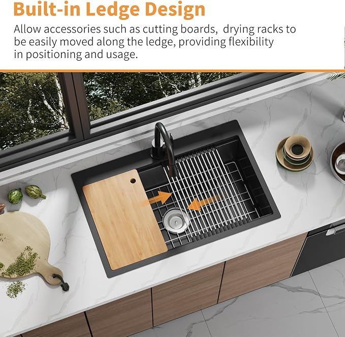 Black 31x20In Kitchen Sink Workstation-Stainless Steel Drop In Single Bowl Built-in Ledge Topmount Workstation Sink For Placing/Sliding Accessory-Cutting Board,Drying Rack,Convenient And Functional