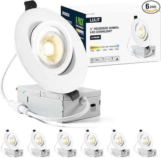 6 Pack White 4-inch 5 CCT Gimbal LED Recessed/Downlight Color Selectable 2700K/3000K/3500K/4000K/5000K 800Lm 9W 120V Dimness Adjustable LED Lights
