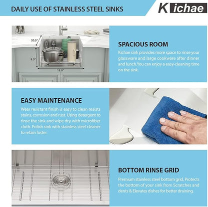 Kichae 19" x 20" Bar Prep Sink Undermount Stainless Steel Deep Single Bowl RV Wet Bar Sink 16 Gauge Round Corner Camper Handmade Kitchen Basin