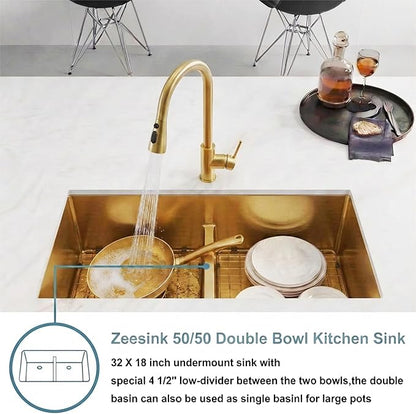 32 inch Double Bowl Kitchen Sink,Gold Undermount Kitchen Sink 32 X 18 inch,16 Gauge Stainless Steel Undermount Sinks,Special Low-Divide Design