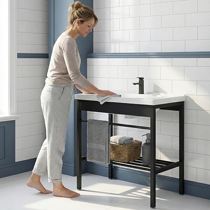 Freestanding Bathroom Console Sink, Bathroom Vanity with Sink, 28.3" x 19" x 32.3" Ceramic Console Sink Set With Bracket, Utility Sink for Laundry Room, Washing Room, Garage, Basement, Outdoor, Indoor