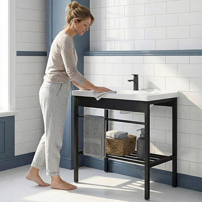 Freestanding Bathroom Console Sink, Bathroom Vanity with Sink, 28.3" x 19" x 32.3" Ceramic Console Sink Set With Bracket, Utility Sink for Laundry Room, Washing Room, Garage, Basement, Outdoor, Indoor