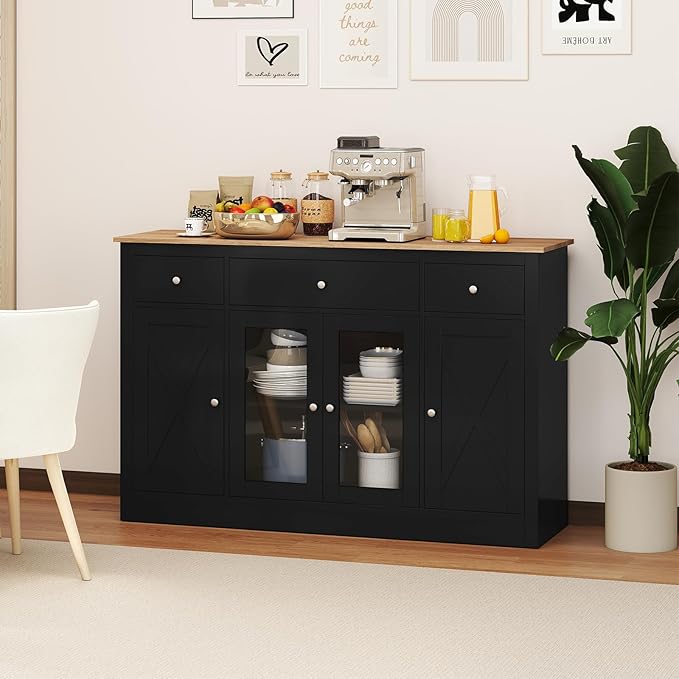 Giantex 55" Sideboard Buffet Cabinet with Storage, Modern Farmhouse Kitchen Storage Cabinet w/3 Drawers, Adjustable Shelves, 2 Barn Doors & 2 Glass Doors, Black Sideboard for Living Room, Coffee Bar