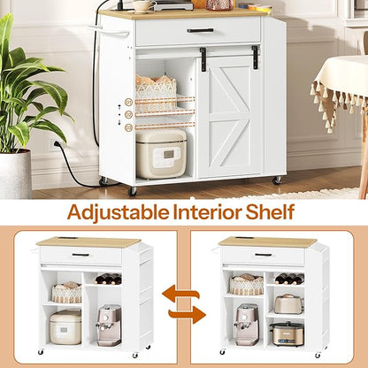HOOBRO Kitchen Island on Wheels, Rolling Island Cart with Power Outlet, Kitchen Storage Table with Sliding Barn Doors, 1 Drawer and Spice Rack, for Home, Dining Room, White WN60UZD01