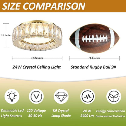 11 Inch Modern Gold Luxury Flush Mount Ceiling Light,Small Crystal Chandelier, Dimmable LED 5CCT 3000K-6000K 24W Round Close to Ceiling Light Fixture for Hallway,Kitchen,Bedroom,Laundry Room