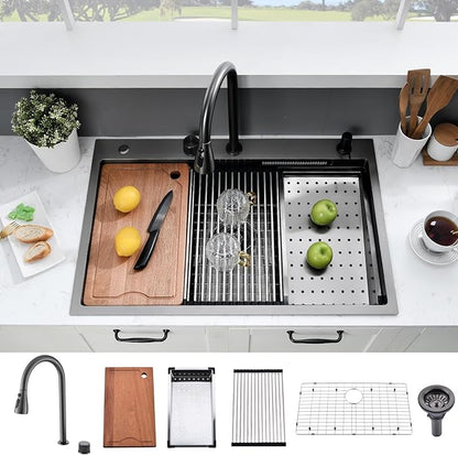 33×22 Black Waterfall Sink with Faucet Combo - 33×22 Drop In Sink with Faucet,16 Gauge Black Stainless Steel Waterfall Kitchen Sinks,10 Inch Deep Single Bowl Workstation Smart Kitchen Sinks