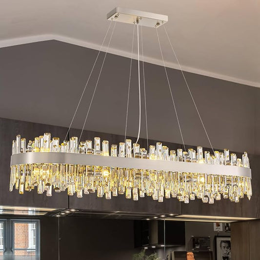 Siljoy Modern Crystal Chandelier, 20-Light Brushed Nickel K9 Crystal Raindrop Chandelier, Luxury Large Dimmable Crystal Ceiling Light for Dining Room Living Room Kitchen Island Entry Foyer L52''